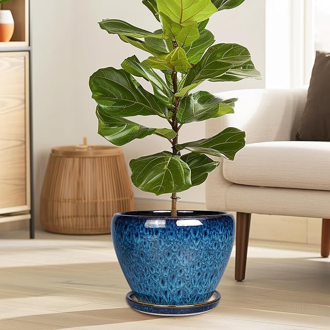 10 Inch Ceramic Planter Pot, Ceramic Plant Pot for Indoor Outdoor Plants, Large Flower Pot with Drainage Hole and Saucer, Blue