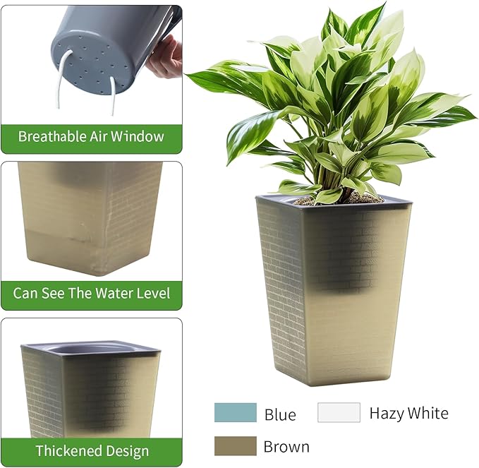 Self Watering Planter 4 Pieces 6 Inch, Plastic Flower Pots with Inner Pot Indoor Plants Brick Pattern Flowerpot for Indoor Plants, African Violets, Flowers, Herbs