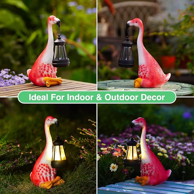 Goodeco Flamingo Statue with Solar Lantern - Artistic Pink Flamingo Decor for Outdoor Garden & Home, Flamingo Gifts for Women - Flamingo Lamp with Solar Lights Outdoor, LD602291