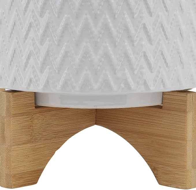 8" Ceramic Planter on Wooden Bamboo Stand - Contemporary White Chevron Design for Indoor or Outdoor Plants, Succulents, Cactus