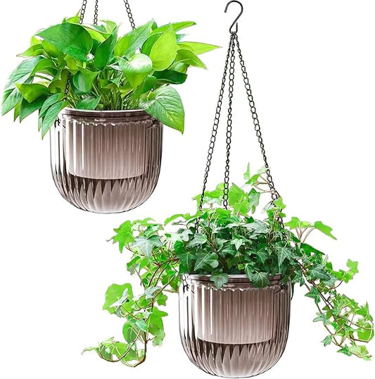 Melphoe 2 Pack Self Watering Hanging Planters Indoor Flower Pots, 6.5 Inch Outdoor Hanging Plant Pot Basket, Plant Hanger with 3Hooks Drainage Holes for Garden Home (Gray)