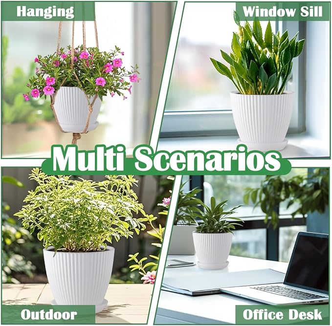 7.5/6.5/5.5/4.9/4.2/3.5 Inch Plant Pot, Plastic Flower Pots with Drainage Indoor/Outdoor Plant Pots, Set of 6 Pack White Plastic Pot for Plant Planters with Saucers