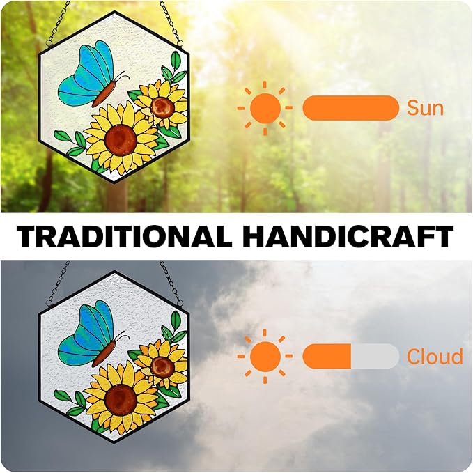 Stained Glass Butterfly Sunflower Suncatcher Window Hanging Ornament, Light Transmission Hand Paint Sun Catchers for Women Gifts, for Lover