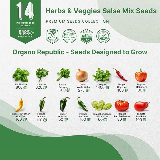 14 Herbs & Veggies Salsa Mix Seeds Variety Pack - 5,180+ Non GMO Heirloom Herb, Tomato & Chili Pepper Seeds for Planting, Outdoor & Indoor Home Gardening: Basil, Cilantro, Onion, Peppers, Tomatoes
