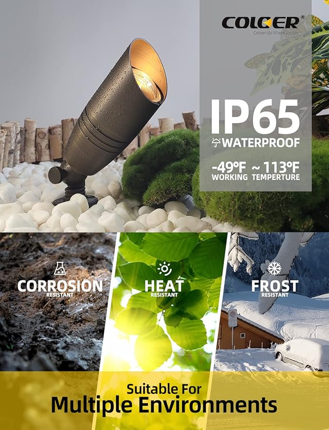 COLOER Die-cast Brass Landscape Spotlights Outdoor, 12V AC/DC Low Voltage Christmas Landscape Lighting Fixture, IP65 Waterproof Garden Patio Trees Directional Spot Uplight(102B,1-Pack Without Bulb)