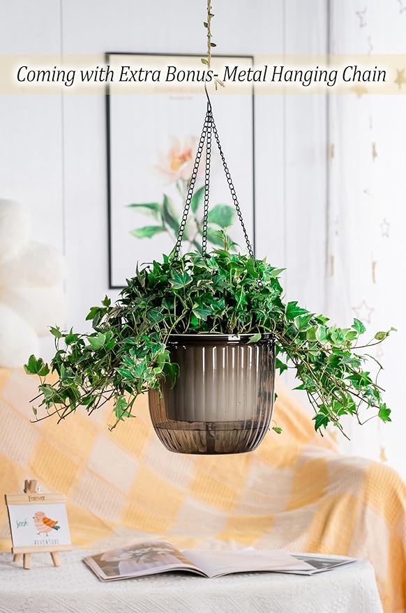 Melphoe Self Watering Hanging Planters for Indoor, 1 Pack 8.3 Inch Outdoor Hanging Plant Pot Basket, 2 Kinds of Plant Hangers Macrame 35.5’’ & Metal Chain 19.6’’ for Garden Home Decor