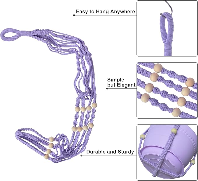 Macrame Plant Hanger with Pot, 3 Set Hanging Planters for Indoor Plants, Handmade Cotton Rope Boho Home Decor, Idea Gift for Anyone, Includes Plant Holders, Pots, Plates and Hooks (Purple)