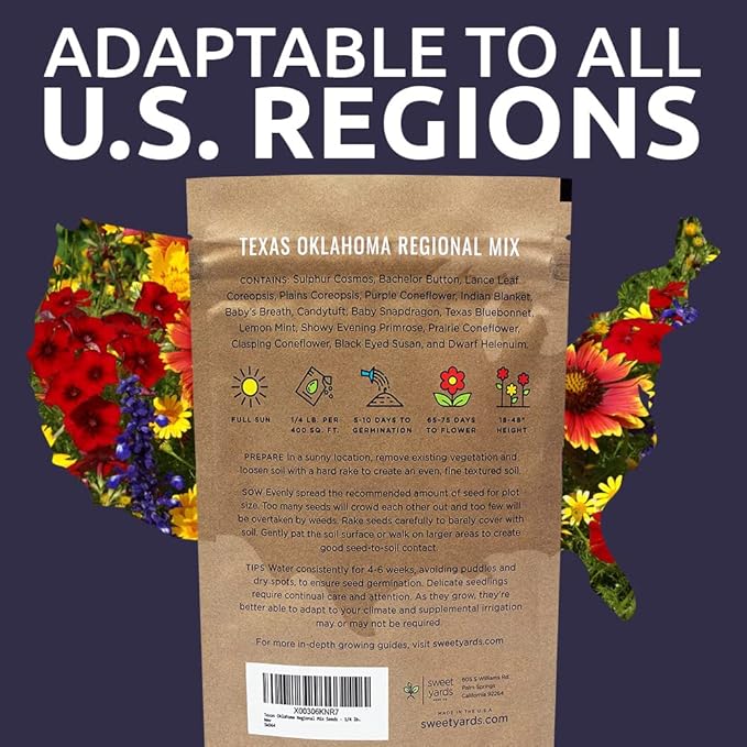 Texas Oklahoma Wildflower Seeds Mixture - Bulk 1/4 Pound Bag - Over 60,000 Native Seeds - Open Pollinated and Non GMO