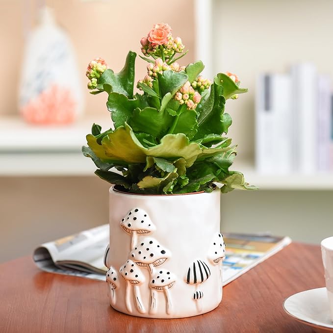 5 Inch Plant Pots Indoor, Unique Ceramic Pots for Plants with Drainage Hole, Cute Flower Pots for Indoor Plants, White Mushroom Planter Modern Decorative for Home Patio Garden
