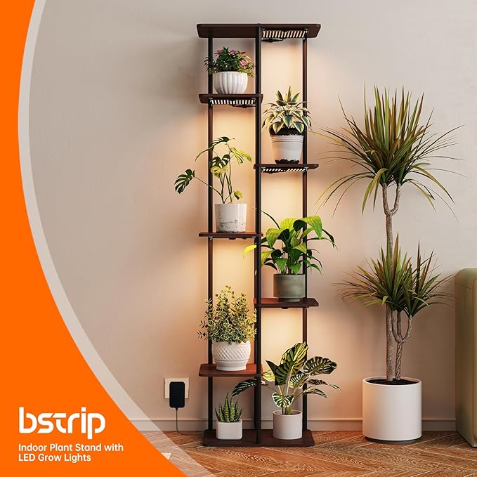 Indoor Plant Stand with Grow Lights , 7 Tier Corner Wooden Tall Grow Light Stand for Indoor Plants , Full Spectrum Dimmable 50W(5x10W) LED Grow Light Panel with Timer for Garden , Living Room