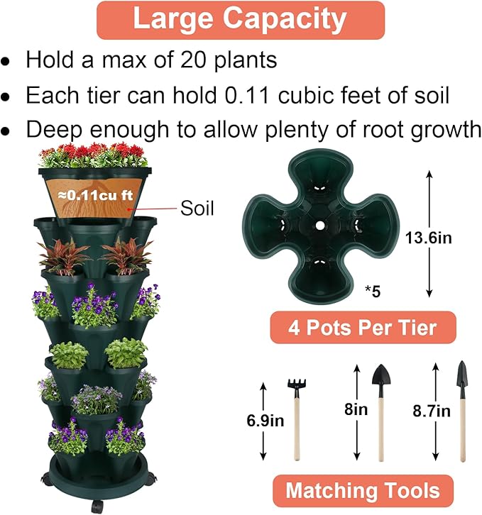 Vertical Planter 7 Tier Stackable Planters Garden Planters Strawberry Herb Flower and Vegetable Planter Indoor Outdoor Gardening Pots with Removable Wheels and Tools