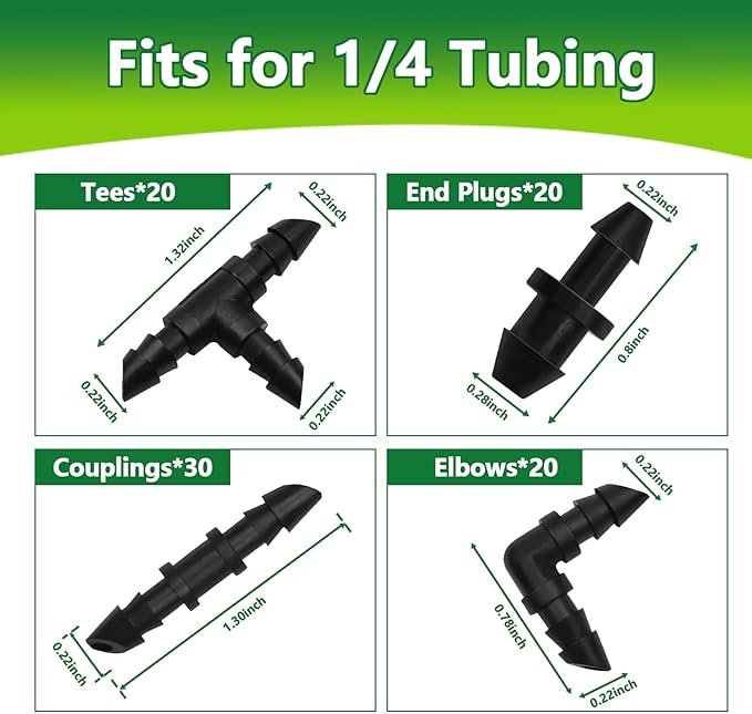 Drip Irrigation Fittings Kit for 1/4" Tubing, 90 Pieces Drip Line Connectors for Drip Systems - 30 Couplings, 20 Tees, 20 Elbows, 20 End Plugs, Drip Irrigation Parts for 1/4 Inch Drip Hose