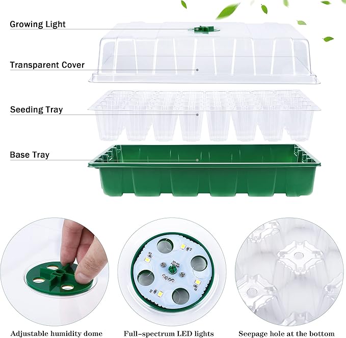 3 Pack Seed Starter Tray Kit with Grow Light Germination Trays with Humidity Dome, 120 Peat Pellets, Gardening Tools, Plant Labels, Plant Growing Trays for Seeds Growing Starting, Green