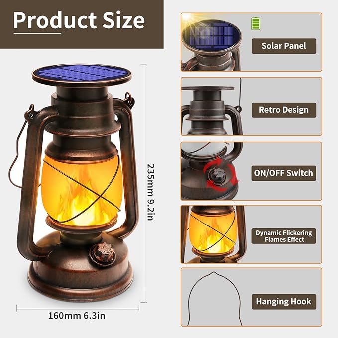 Richday Solar Lantern Outdoor Hanging, LED Vintage Flame Lantern,Solar Lights Dancing Flame,Waterproof Camping Lamps,Outdoor Indoor Decoration for for Table Patio Garden Yard Pathway Porch 2 Pack (2)