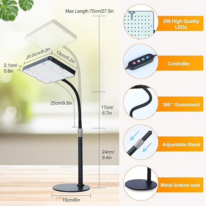 FECiDA Grow Lights for Indoor Plants Full Spectrum, Desk Grow Light, 4/8/12 Hr Timer Table Top Houseplants Grow Lamp, 208PCS LEDs, 2000 Lumen, Bright Enough, 16"-24" Height Adjustable