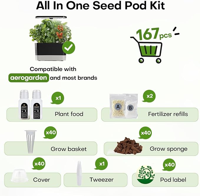 Ahopegarden 167 Pcs Seed Kit for Aerogarden for Gardencube Hydroponics Growing System, Grow Kit for Indoor Garden with 40 Grow Sponges, 40 Grow Baskets, 40 Covers, 40 Labels, 6 A&B Plant Food