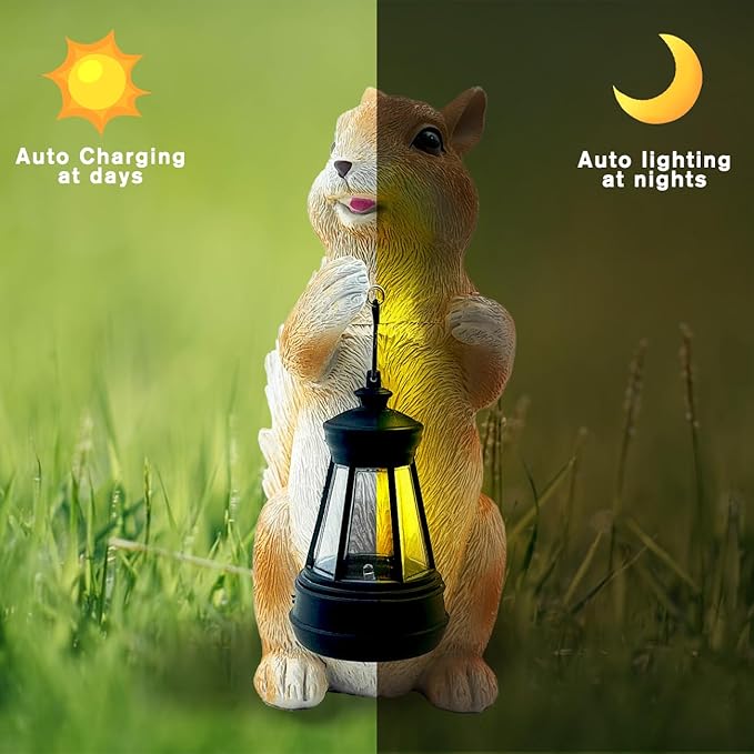 Solar Garden Squirrel Decor Statue Fairy Garden Accessories Outdoor Figurine LED Lights Art Housewarming Gift for Patio Yard Lawn Ornament Cute Animal Decoration
