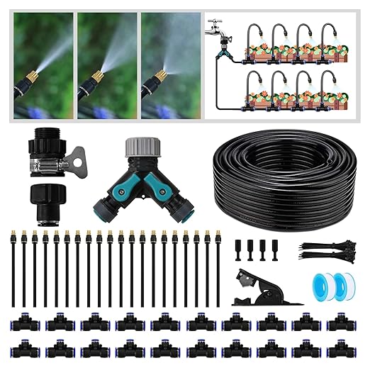 Garden Drip Irrigation Kit, 100ft Black Hose, 360° Adjustable Universal Nozzle, Patio Mist Plant Watering Sprinkler, Comes with Faucet Separator, Sprinkler Hose Adapter (Closeable nozzle-20)
