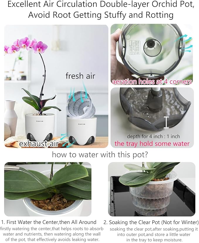 4 inch Orchid Pots with Holes for Repotting,Set of 2,Double Layer Plastic Imitate Ceramic Orchid Planter Provide Good Air Circulation,Clear Orchid Pot Match Decorative Orchid Container