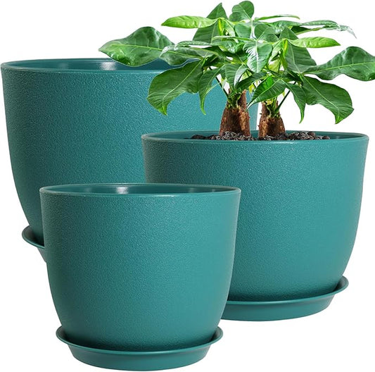 12/10/9 Large Modern Plant Pots, Plastic Planters with Drainage Holes and Saucers for Indoor Outdoor Plants Flowers, Malachite Green