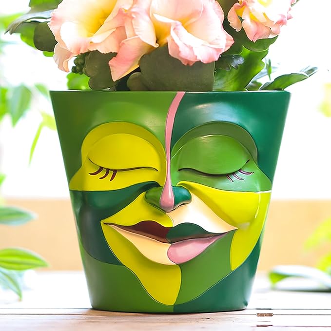 GUGUGO Face Planters Pots with Drainage, Abstract Gardening Pots for Indoor Plants, Unique Funny Small Succulent Pot for Plant Lover Gifts (Rainbow Colors - Mainly Green, 5.5Inch)
