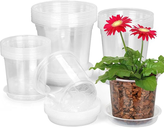 24 Pack 7/6/5 Inch Clear Nursery Pots with Drainage and Saucers, Durable Clear Plant Pots, Plastic Nursery Pots for Plants, Seed Starting Pots (5/6/7inch-24pcs)