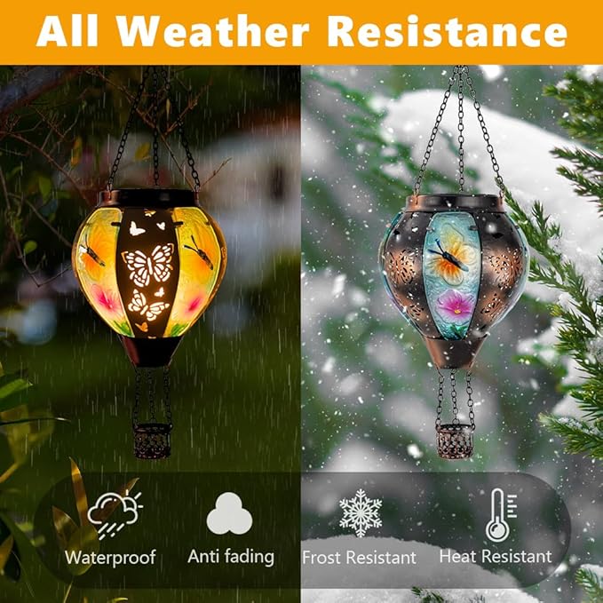 DREAMSOUL Butterfly Hot Air Balloon Solar Lantern, Glass & Metal Outdoor Lantern Hanging Solar Lanterns Outdoor Waterproof for Garden Patio Party