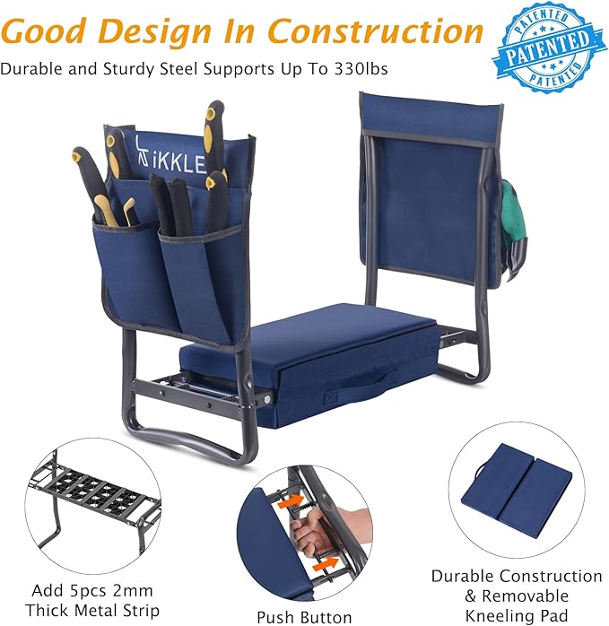 Patented Garden Kneeler and Seat Heavy Duty, Upgraded Garden Bench with Thicker Wider Soft Detachable Kneeling Pad, with 2 Tool Store Pouches, Nice for Mother Father Gardeners