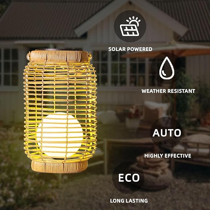 Solar Lantern Outdoor Waterproof，Large Natura Rattan Solar Lantern Hanging with Handle, Solar Powered Decorative Table Lamp for Gardens ，Patio,Yard,Porch,Trees,Lawn,Pathway Home Decoration，12Inch