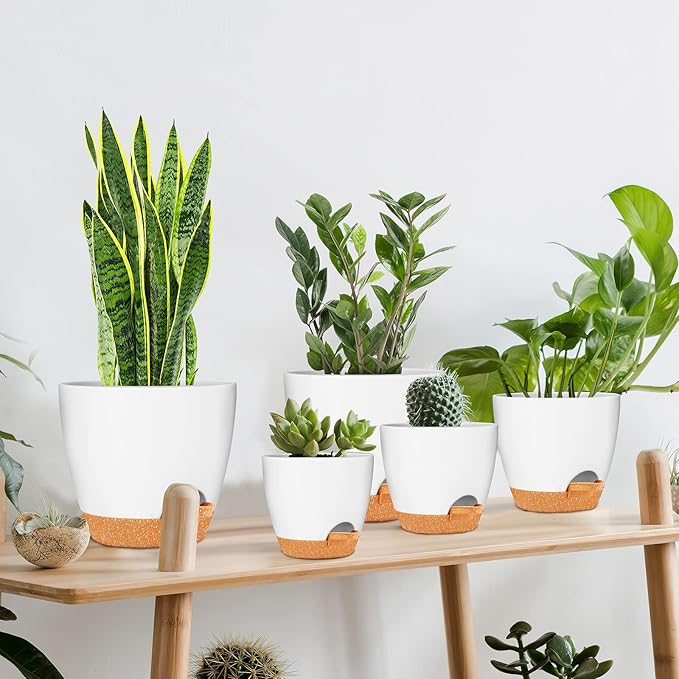 GARDIFE Plant Pots 7/6.5/6/5.5/5 Inch Self Watering Planters with Drainage Hole, Plastic Flower Pots, Nursery Planting Pot for All House Plants, Succulents,Snake Plant, African Violet, Flowers,White