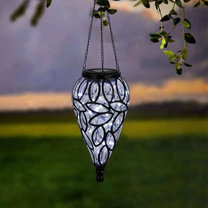 Solar Hanging Lantern Outdoor Lights, Tear-Shaped 15 LEDs Cool White Hanging Lights with S Hooks Decor in Garden, Yard, Pathway, Front Door and Landscape