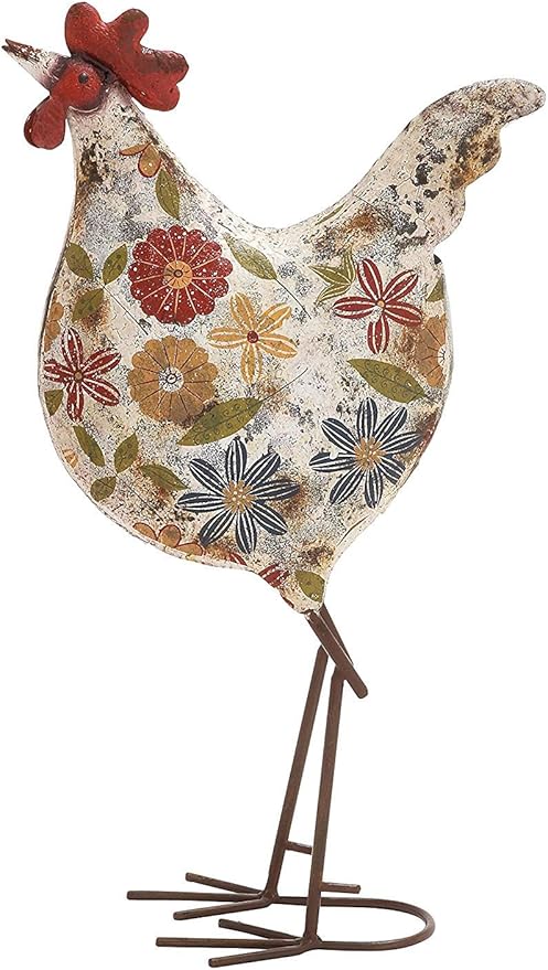 Deco 79 Metal Rooster Decorative Garden Sculpture Indoor Outdoor Distressed Standing Garden Statue with U Shaped Feet, Outdoor Sculpture 10" x 5" x 17", Cream