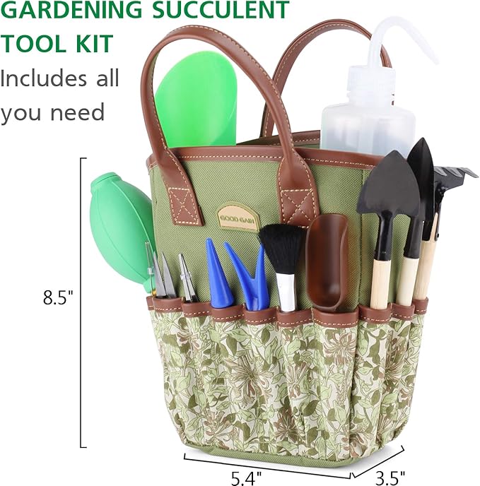 G GOOD GAIN Garden Succulent Kit with Organizer Bag, Indoor Mini Hand Gardening Tool Set, 14 Pieces Tools for Bonsai Planter Miniature Fairy Planting Care(Honeysuck)