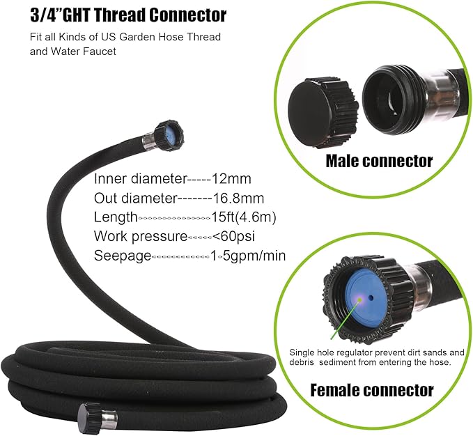 4 Pcs AMRITA Soaker Hose Kit 1/2 inch 15ft.Round Rubber Soaker Hose for Garden,Save water up to 70%,Great for Garden Beds,Trees,Vegetables,Flowers and Seedinds.(1/2-15ftx4)