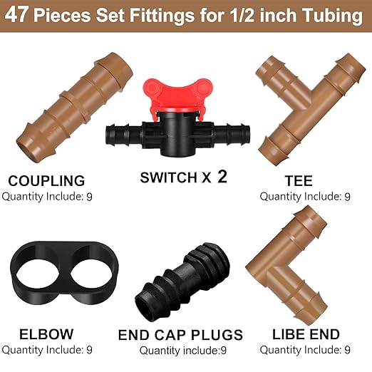 47 Pieces Drip Irrigation Fittings Kit 1/2 Inch Tubing Set Including 2 Switch Valve, 9 Elbows, 9 Couplings, 9 End Cap Plugs, 9 Tees and 9 End Closures Drip for Compatible Drip or Sprinkler Systems