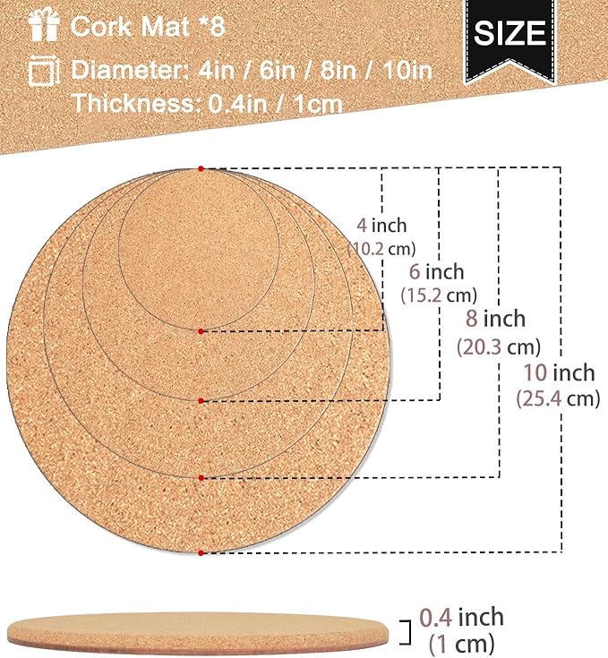 Cork Plant Coasters, 4 Sizes Double Layers Hard Thick Cork Planter Coaster, 4/6/8/10 Inch Absorbent Cork Plant Mats, Cork Trivets for Hot Dishes, Cork Plant Coasters for House Plants, 8 Pcs
