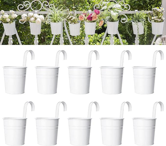 Dahey 10 Pcs Hanging Flower Pots Metal Iron Bucket Planter for Railing Fence Balcony Garden Home Decoration Flower Holders with Detachable Hooks, White, 4 Inches