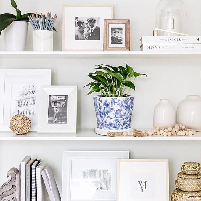 Set of 3 Decorative Plant Pots Blue and White Flower Pot, Round Ceramic Planters for Indoor Plants Pots with Drainage Hole Saucers, Retro Planter Pot for Succulents Cactus Outdoor Garden, 5.5/5.7 Inch