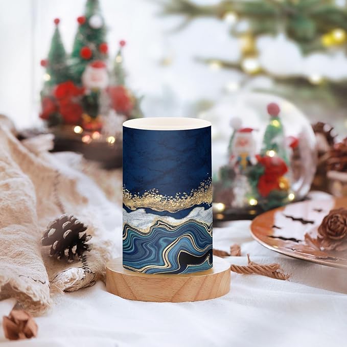 Flickering Flameless Candles, Navy Blue Marble Golden Veins LED Candles with Remote Timer, Set of 2 Battery Operated Candle for Valentine Wedding Birthday