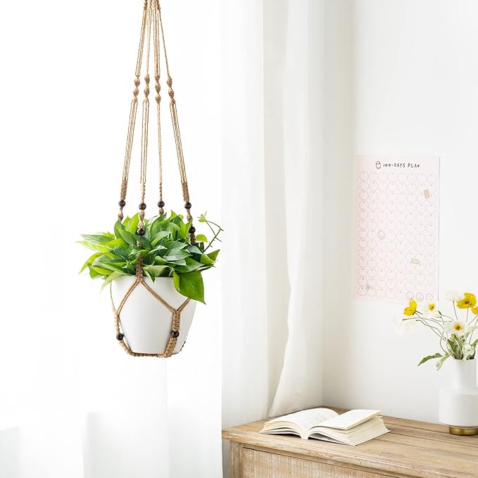 Mkono 43 Inch Macrame Plant Hanger Large for up to 12 Inch Pot Extra Long Hanging Plant Holder No Tassels Hanging Planter Basket with Wood Beads for Indoor Outdoor Home Decor, Brown