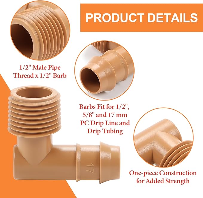 12 Pieces 1/2 Inch PVC to 1/2 Inch Drip Irrigation Adapter Fittings, 1/2" Male Pipe Thread(MPT) x 1/2" Drip Line Barbed Elbow Connectors 1/2-in PVC to 1/2-in Poly Tubing Adapter