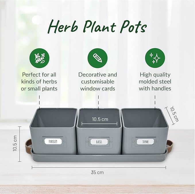 Herb Planter Indoor - Set of 3 Grey Indoor Herb Garden Pots for Plants with Leather Handled Tray - Window Sill Plant Shelf - Herb Pots with Drainage Holes and Labels