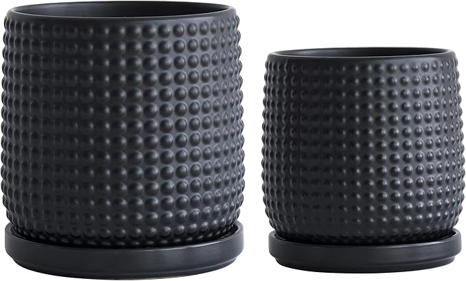 D'vine Dev 6 Inch 4 Inch Ceramic Indoor Planter Pots with Drainage Hole and Saucer, Beaded Design Flower Pots, Set of 2, Matte Black, 27-D-U-6