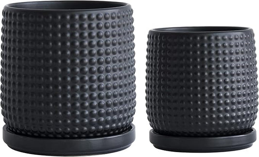 D'vine Dev 6 Inch 4 Inch Ceramic Indoor Planter Pots with Drainage Hole and Saucer, Beaded Design Flower Pots, Set of 2, Matte Black, 27-D-U-6