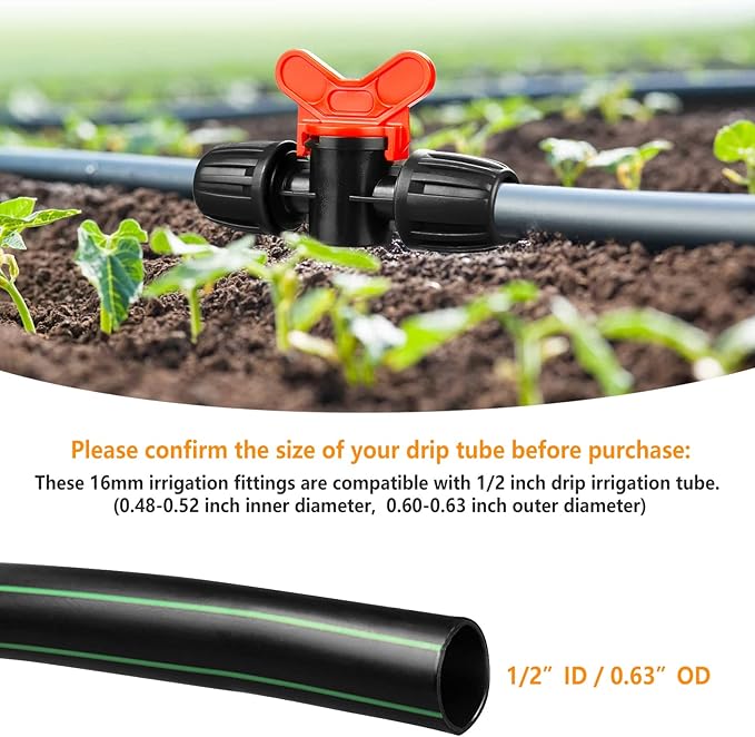Drip Irrigation Fittings Kit for 1/2 Inch Tubing, 20 Pcs Set 1/2'' Drip Line Anti-Drop Barbed Locked Nut Connectors - 4 Tees,3 Valves,4 Reducing Tee,3 Reducing Tee 6 Way Connectors,4 End Caps,2 Elbows