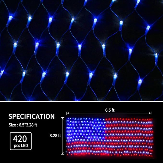 XTF2015 Led Flag Net Lights of The United States, Waterproof American Flag String Light for Christmas, Festival, Holiday, Independence Day, Memorial Day, Decoration, Garden, Yard, Indoor and Outdoor