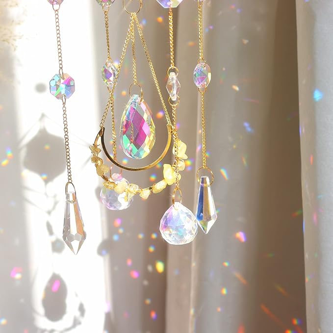 Citrine Crystal Suncatchers Colorful Prisms Windows Decor Garden Wind Chimes with Chain Pendant for Wedding Party Indoor Outdoor Decorations