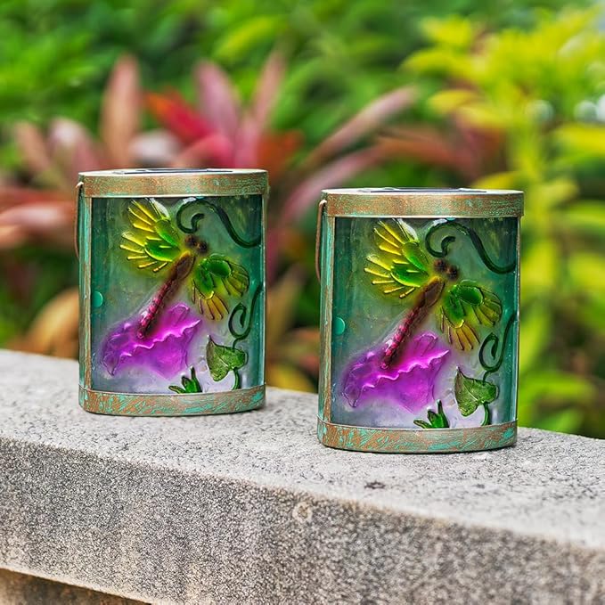 2 Pack Glass Dragonfly Solar Lanterns Outdoor Waterproof, Hanging LED Solar Lantern for Tabletop Garden Patio Decor