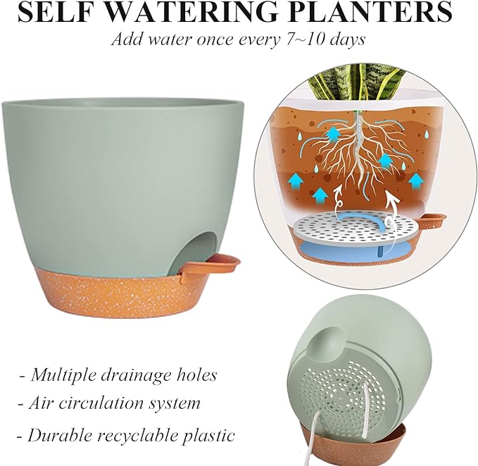 Self Watering Hanging Planters for Indoor Plants 3 Pack Macrame Plant Hangers with Drainage Holes Pots and Hooks for Home Garden Decor Green