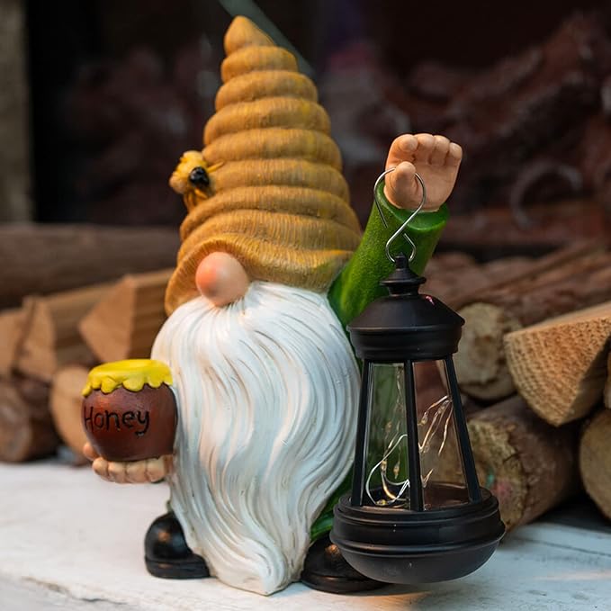 12.3''Solar Garden Gnome Outdoor Decor Honey Bee jar Gnome Statue with LED Lantern Fall Patio Yard Art Decoration Christmas Gardening Birthday Gifts for Women Mom, Honey Bee Gnome